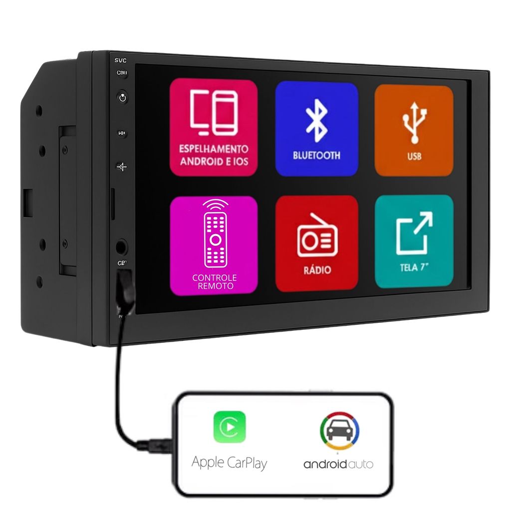 Central Multimídia 7 Pol Android Auto Carplay Fio H-Tech HT-3625CA 2 Din Bluetooth Usb Fm Tela Full Hd