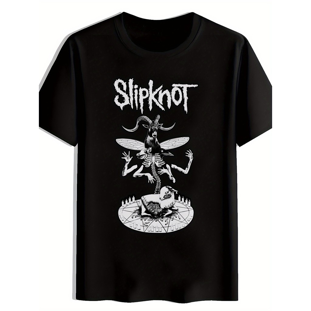 Camiseta Masculina Folgada Em Algodão Puro Com Estampa De Um Diabo Gótico E Um Pentagrama Da Banda Slipknot