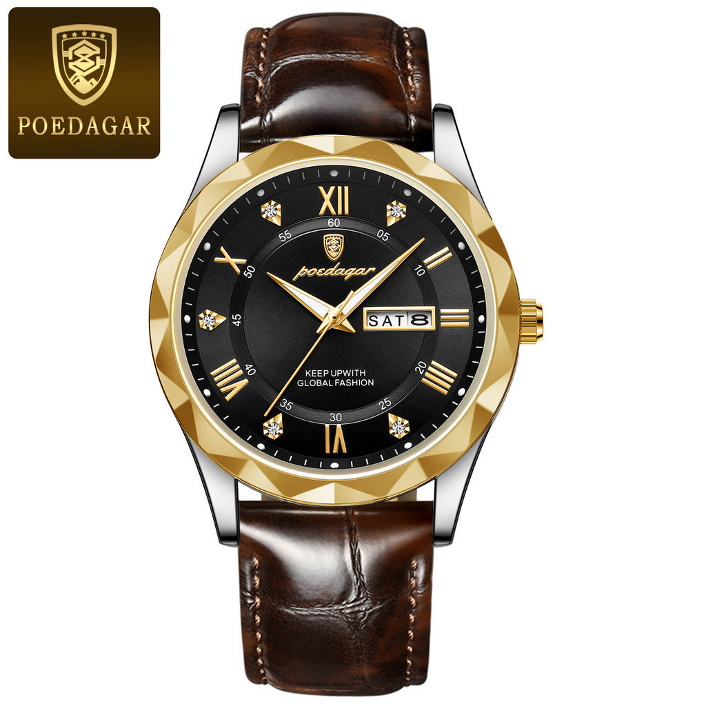 Poedagar Luxo Moda Pulseira De Couro Relógio Masculino Suporte De Quartzo Calendário Luminoso