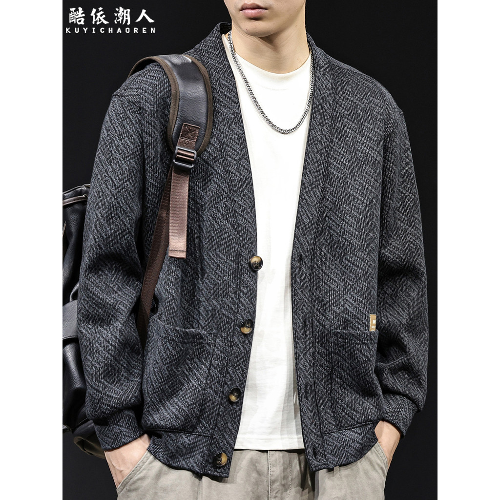 Outono 2025 novo estilo Cardigan moletom jaqueta masculina de manga comprida americano Street Wear roupas casuais High-E