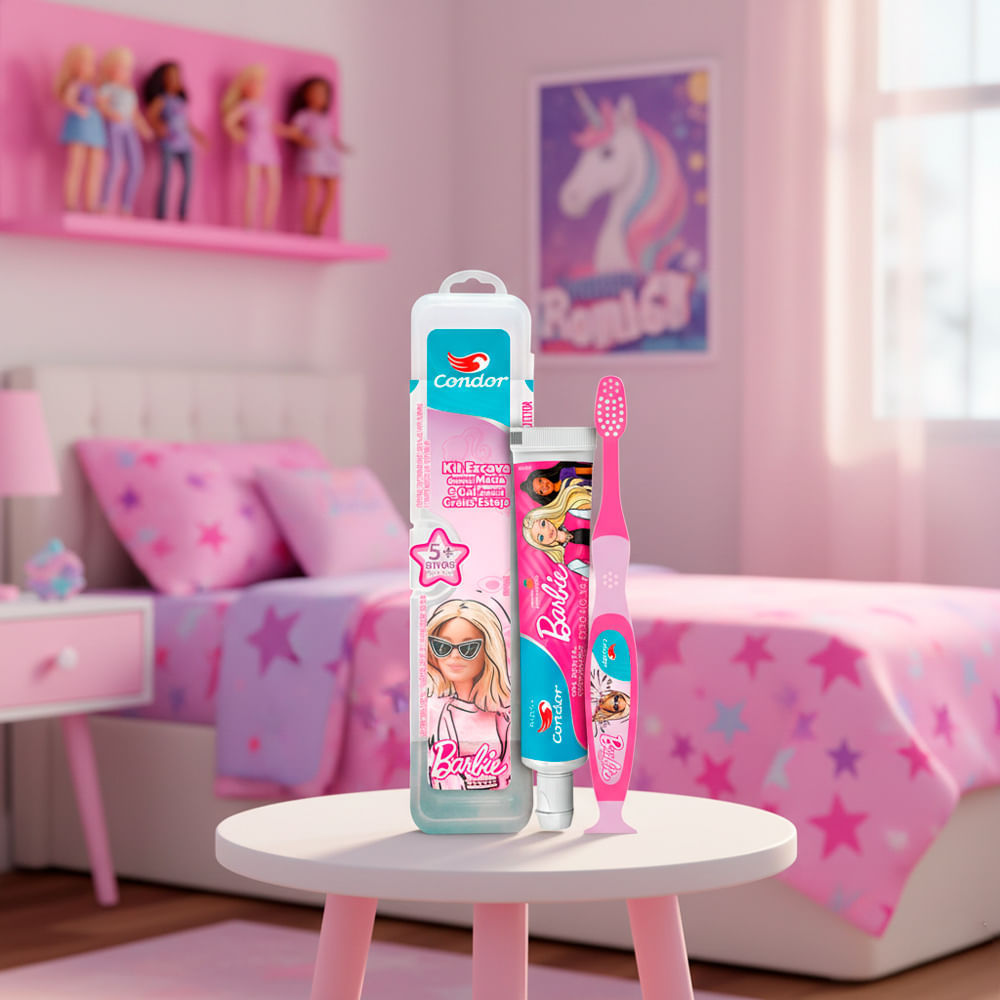 Detalhes do Kit Escova e Gel Dental Condor Kids Barbie Sabor Morango 5+ Anos com Flúor 50g e Ganhe Estojo