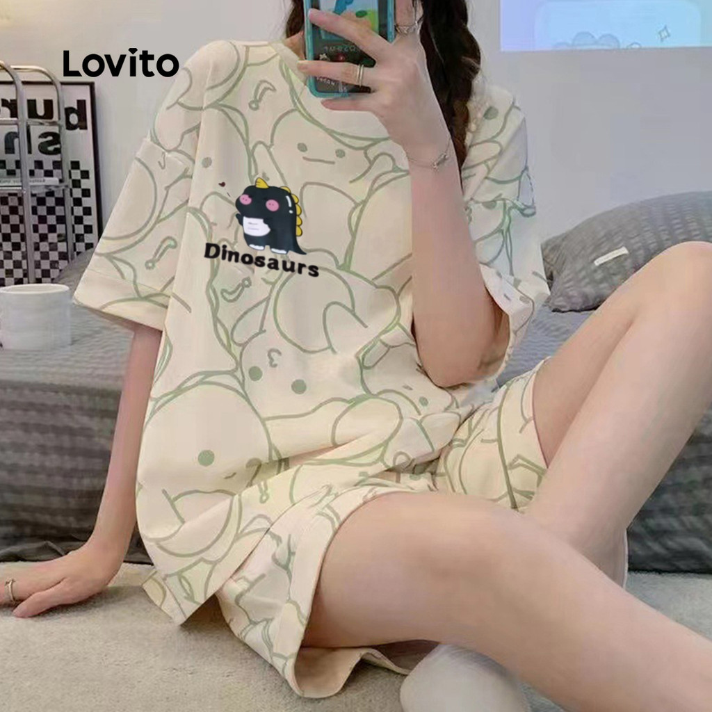 Lovito Conjunto Pijama Coreano Algodão 2 Peças Confortável Uso Externo LNE113171 em Oferta na Shopee