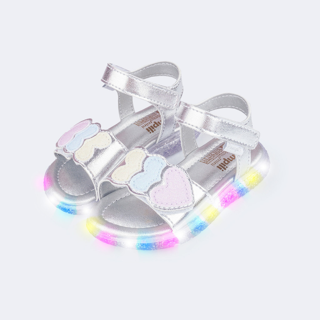Sandália de Led Infantil Pampili Mini Metalizada com Corações Prata Pampili