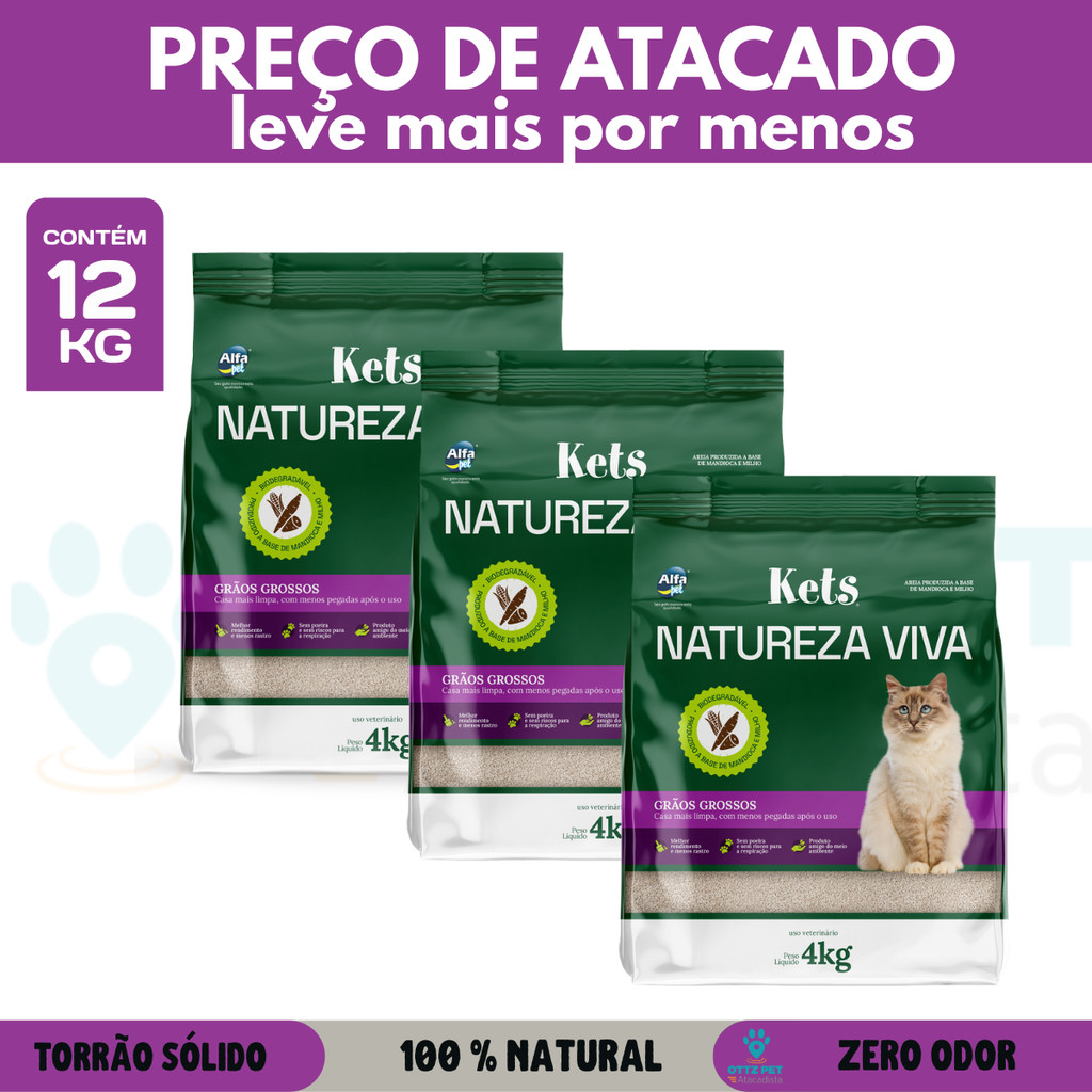 Kit Atacado Areia Higiênica Natureza Viva Grossa Milho Mandioca 12kg