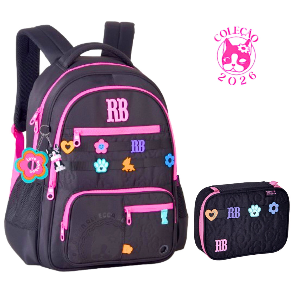Kit Mochila de Costas com Estojo  Rebecca Bonbon Flower -Clio Style Cor:Preto em Oferta na Shopee