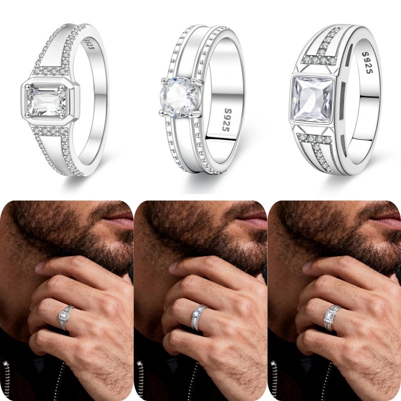 Novo anel masculino S925 prata esterlina simples quadrado diamante anel masculino geométrico quadrado diamante anel masc