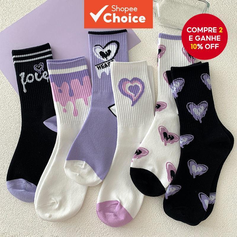 1 Par De Meias Roxas Com Estampa De Coração – Esportivas De Cano Médio Estilo Americano (Moda E Versátil) em Oferta na Shopee