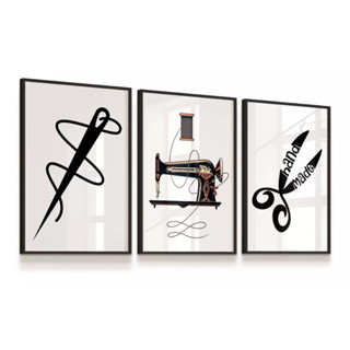 Kit Quadros Decorativos 3 Peças Costura Linha Tesoura Agulha Máquina De Costura Sala em Oferta na Shopee
