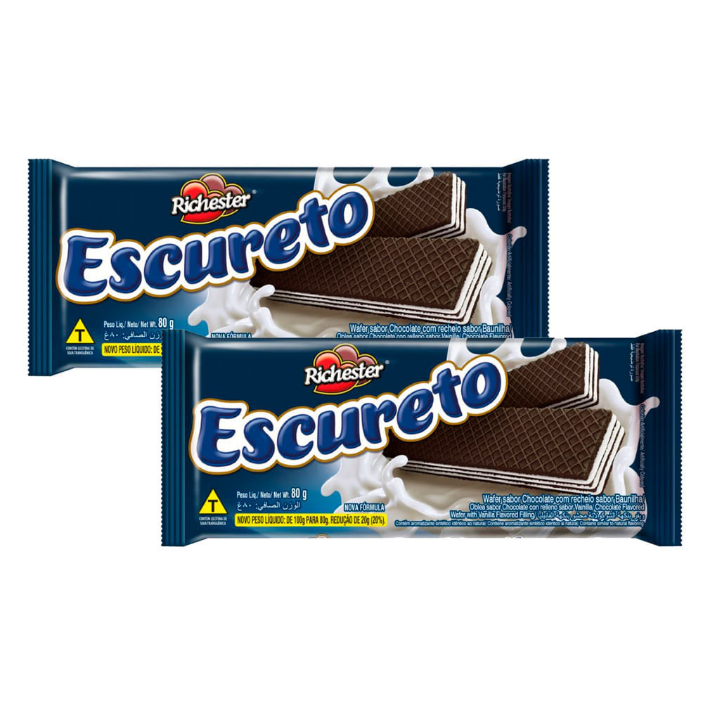 Kit 2 Biscoito Wafer Escureto Richester Sabor Chocolate com Recheio de Baunilha 80g