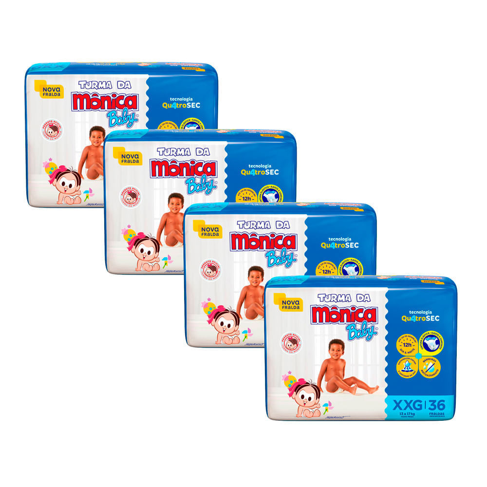 Kit 4 Fralda Turma da Mônica Baby Mega Tamanho XXG 36 Unidades Descartáveis