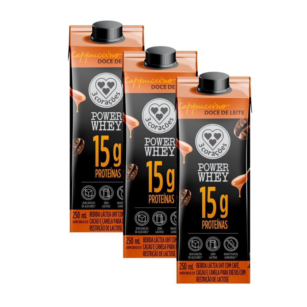Kit 3 Bebida Láctea 3 Corações Power Whey com 15g de Proteína Cappuccino Doce de Leite 250ml