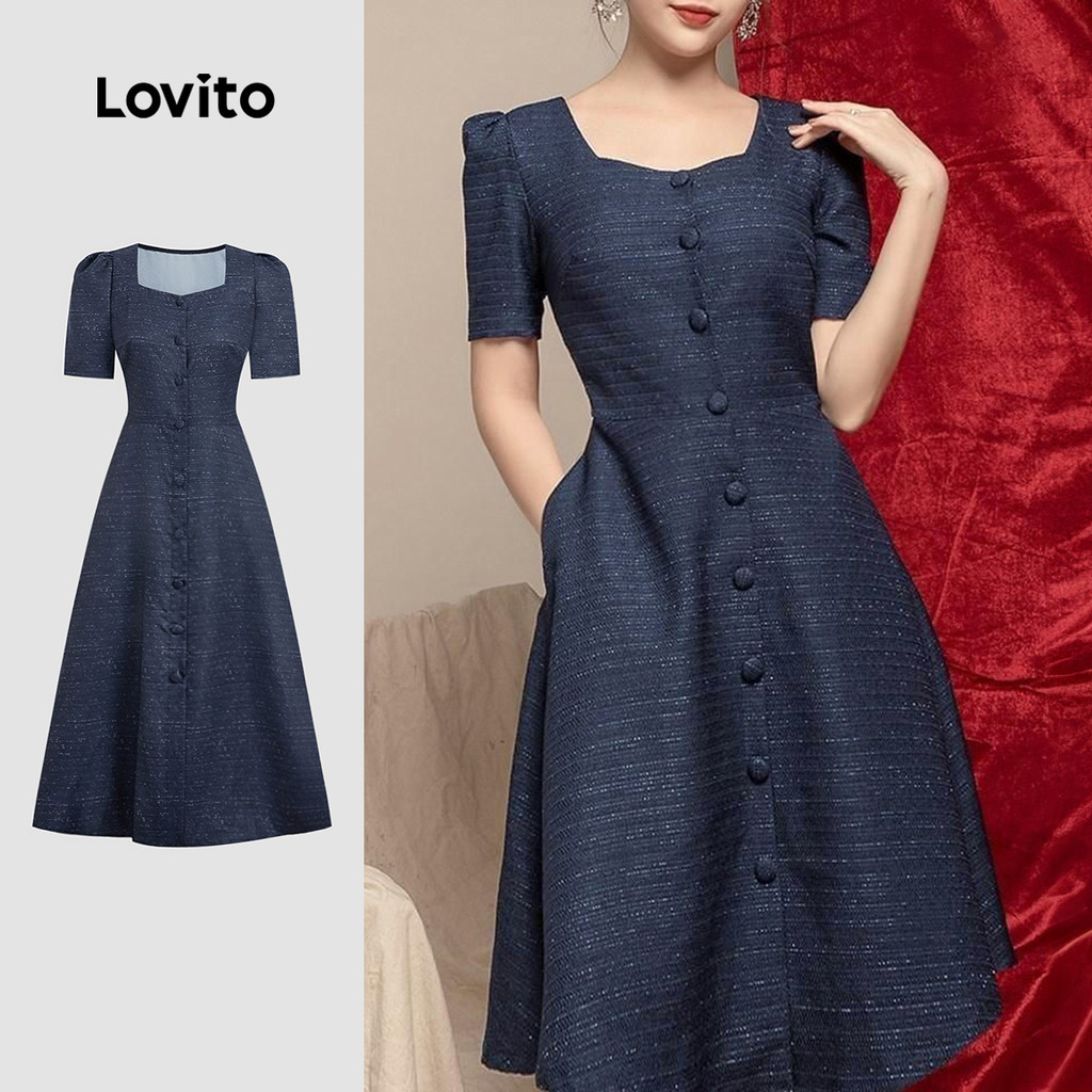 Lovito Vestido Elegante com Botões Primavera/verão Vestido Azul-marinho para Mulheres L158AD200