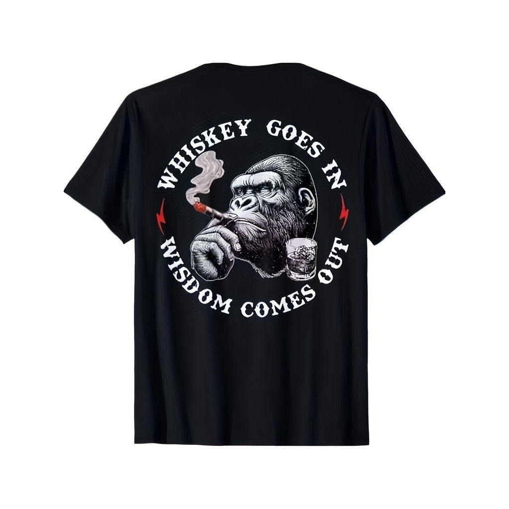 Camiseta Masculina Gorila Whiskey Sabedoria Slogan Engraçado Estampada Confortavel Divertida Estilosa Casual
