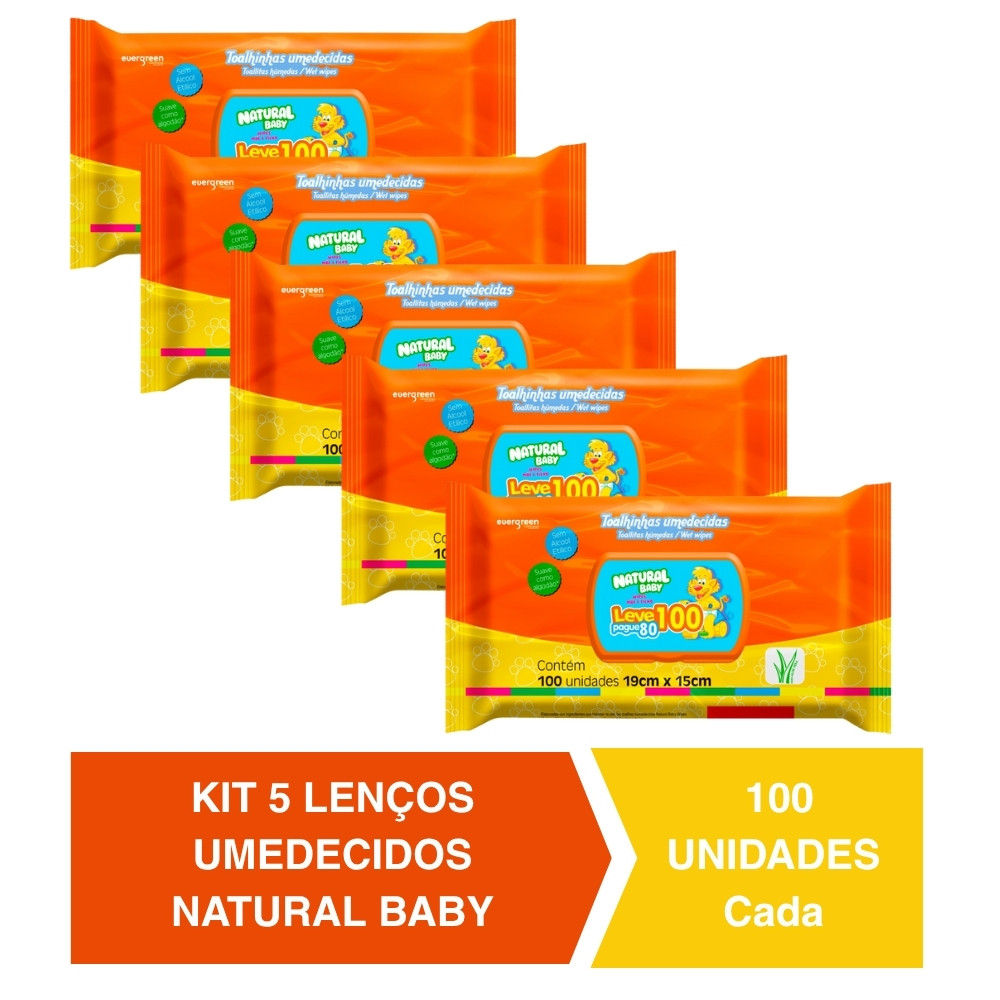 Kit C/ 5 Lenços Umedecidos Natural Baby 100un Cada Evergreen em Oferta na Shopee