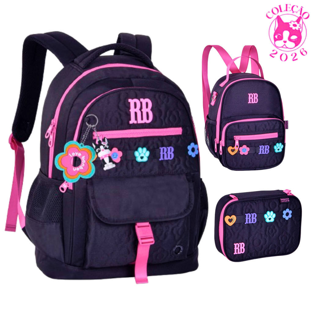Kit Mochila de Costas Com Estojo e Lancheira Rebecca Bonbon Flower-Clio Style Cor:Preto em Oferta na Shopee
