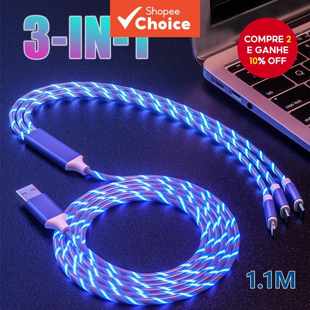 Cabo de carregamento rápido colorido em LED RGB de 3 em 1, tipo C e micro USB em Oferta na Shopee
