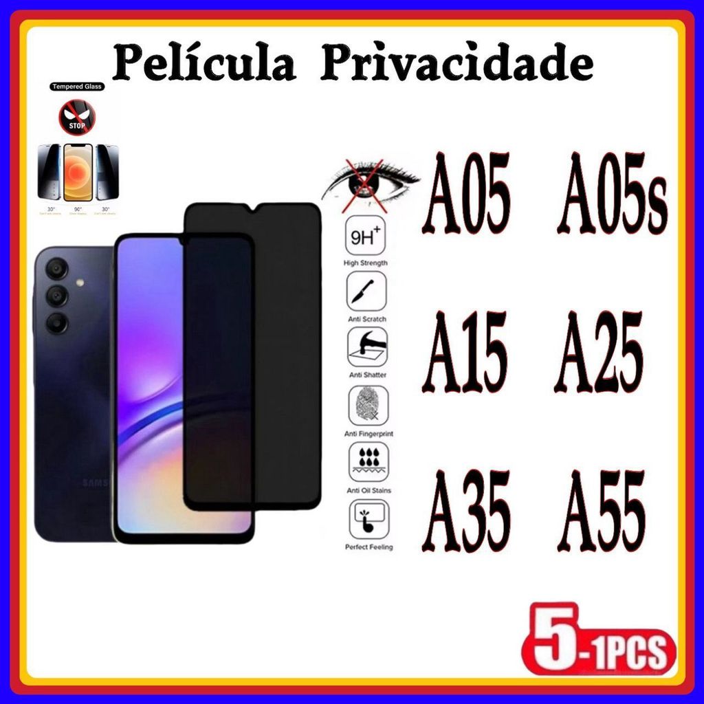 Película de Privacidade 3D Vidro Temperado Anti Spy Samsung A05 A05S A15 A25 A35 A55