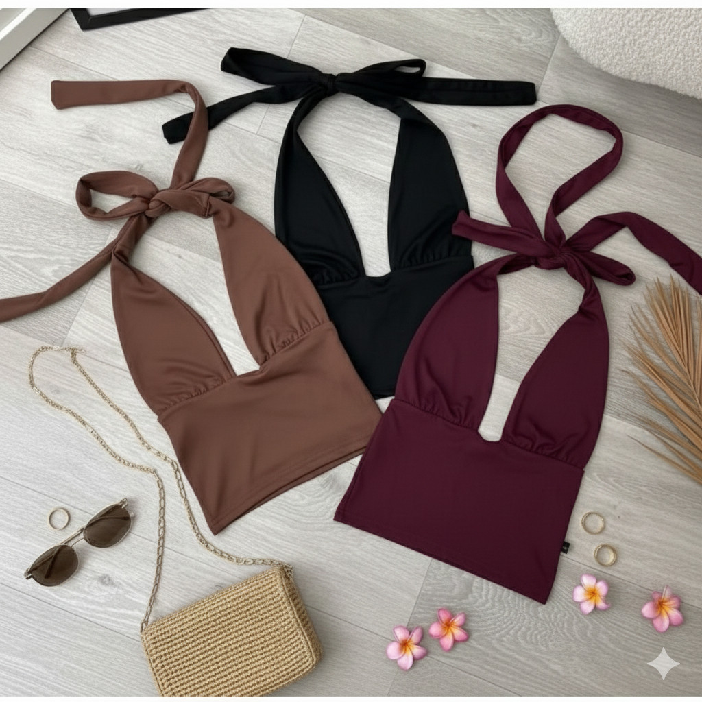 Blusa Top Cropped Frente Única Amarração no Pescoço Decotado Suplex Moda Gringa Sexy P042