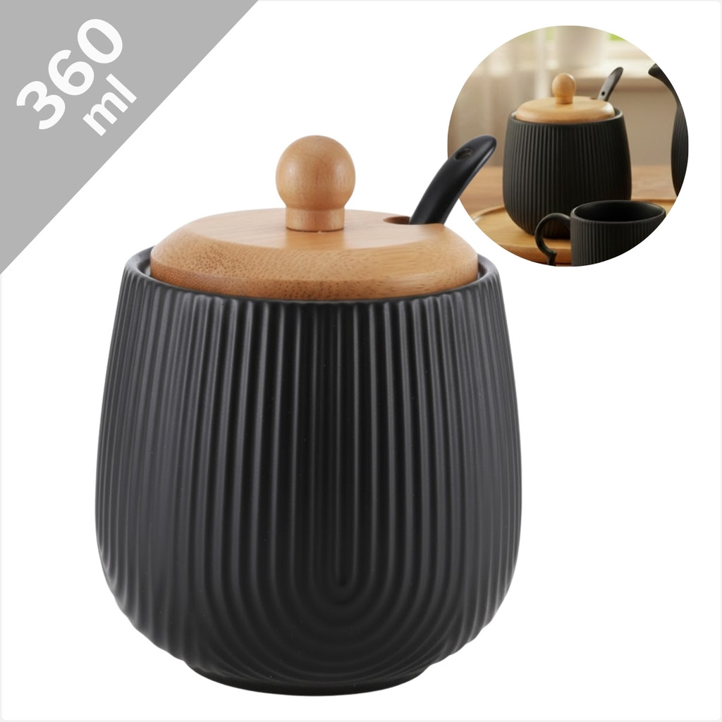 Pote Açucareiro Cerâmica Com Colher Tampa Bambu 360ml Cantinho Do Café Mesa Posta Elegante