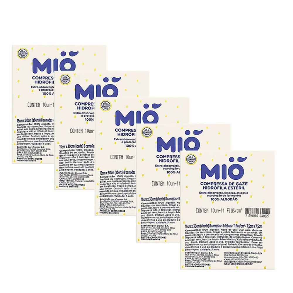 Kit 5 Compressa de Gaze Mió Hidrófila Estéril 7,5cm x 7,5cm com 10 Unidades em Oferta na Shopee
