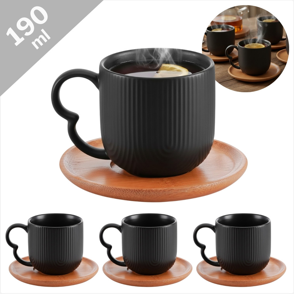 Kit 4 Xícaras Chá 190ml Preta com Pires Bambu Jogo Oásis Cerâmica Moderna Mesa Cantinho Café