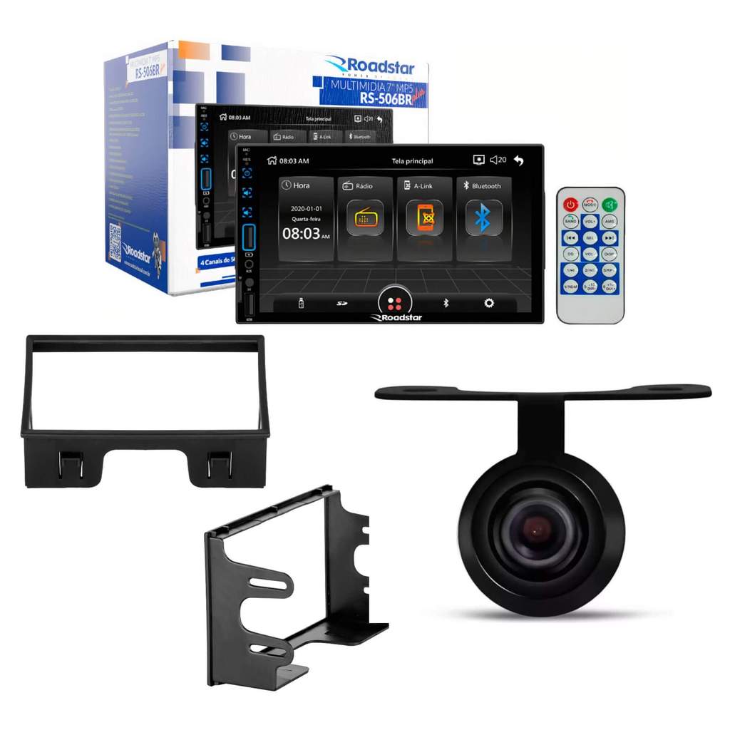 Kit Multimídia 2 Din MP5 7" + Moldura 2 Din + Câmera de Ré Borboleta 12V 420 Linhas