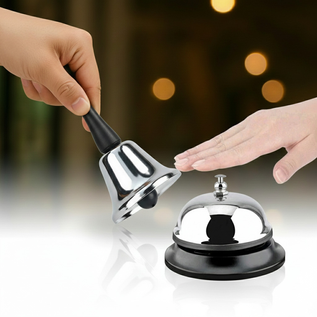 Kit Campainha de Mesa e Sino Sineta Inox Ideal Restaurantes Hotéis Lojas Escritórios Balcão Bar Garçon em Oferta na Shopee