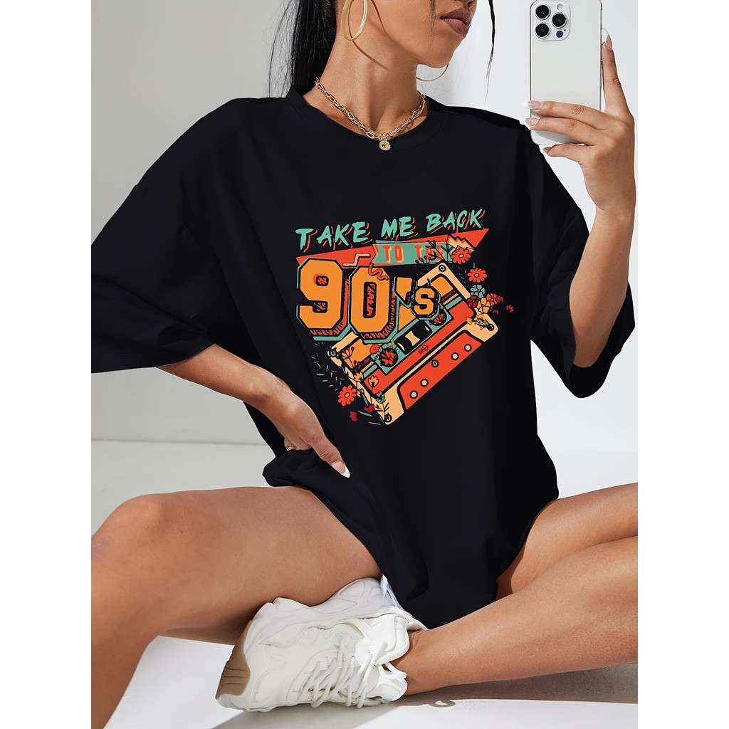Camiseta Feminina Patins Retrô Anos 90 Letras Vintage Estampada Preta Confortável Estilosa Moderna Moda Casual