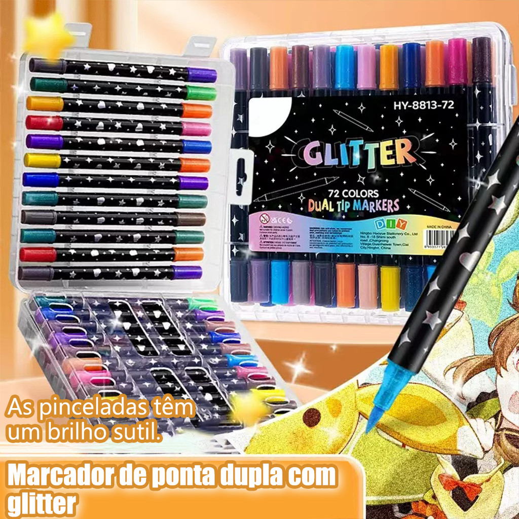 Caneta Marcadora acrílica Glitter Metalizada Ponta Dupla para Colorir Brilhante 72/96/120 Cores em Oferta na Shopee