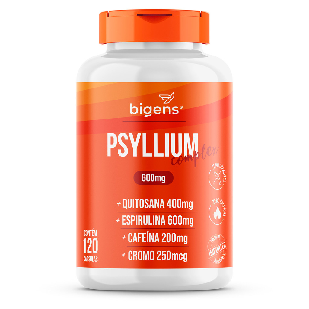 Psyllium Complex Bigens, Fibras + Quitosana + Espirulina + Cafeína Anidra + Cromo, 120 Caps, Bigens em Oferta na Shopee