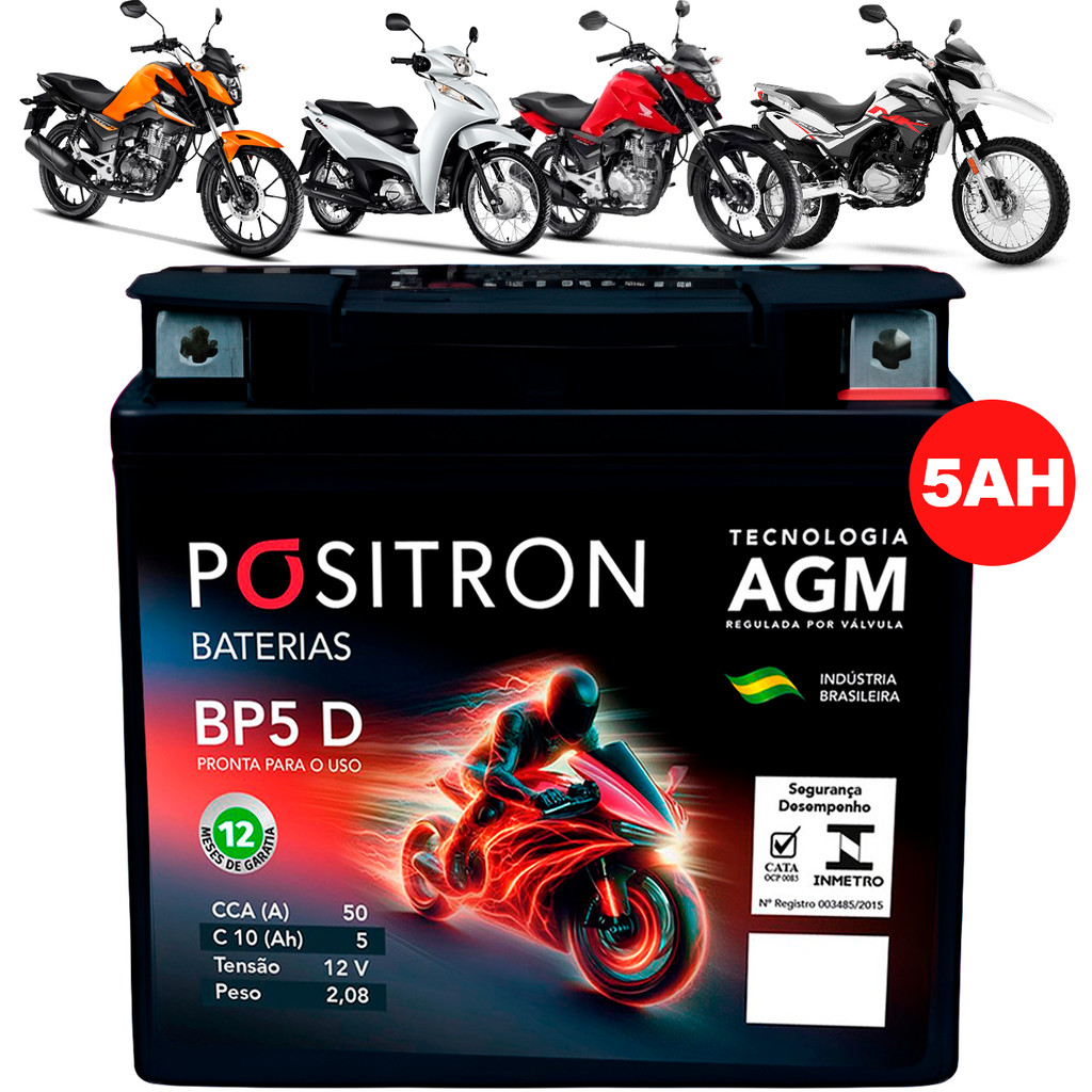 Bateria Para Moto 5a 12V 5ah Compatível com Biz Titan Fan Bros Motocicletas Honda Yamaha Dafra Suzuki Kawasaki -Pósitron em Oferta na Shopee