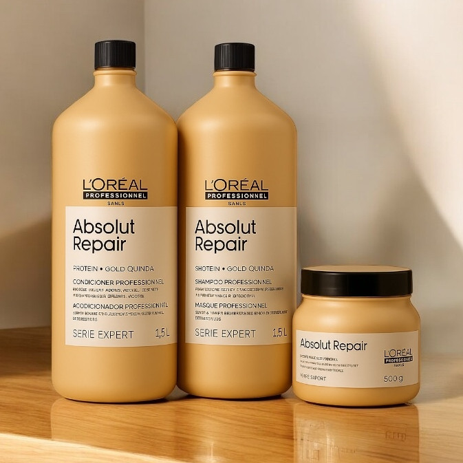 Kit L’Oreal Absolut Repair Gold Quinoa 1,5L Shampoo Condicionador e Máscara Profissional C...
