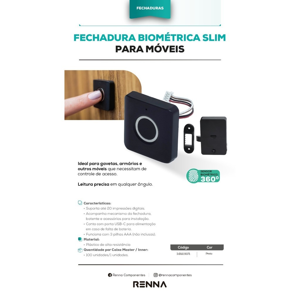 Fechadura Biometrica Para Gavetas e Armarios -Eletrônica Invisível Gavetas E Armários RENNA