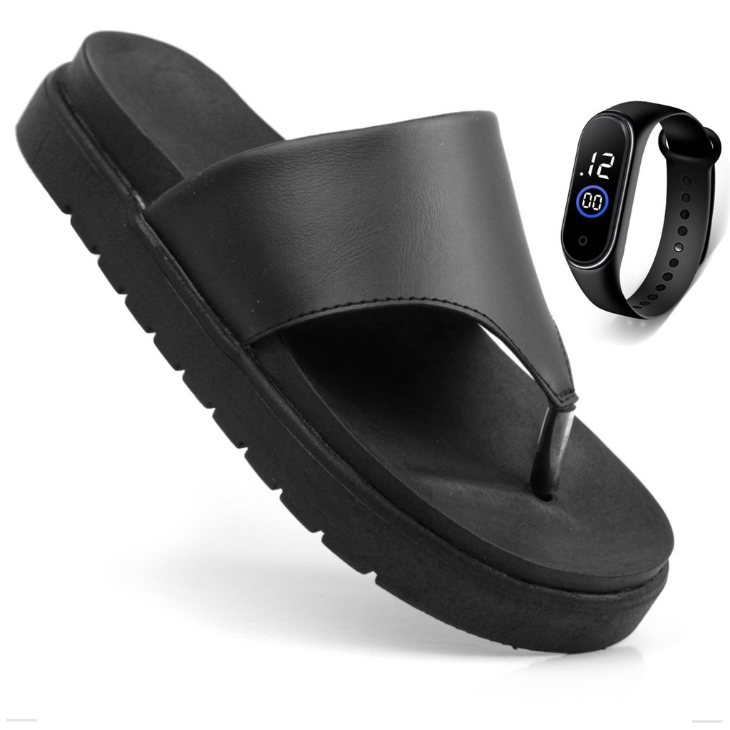 Papete De Dedo Feminina Sandália Preta Asa Delta Birken Flatform Baixa Moda Confortável + Relógio