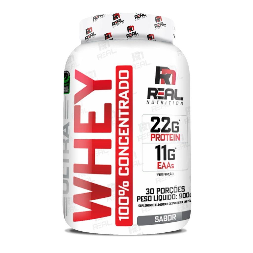 Whey Protein 100% Concentrado Real Nutrition 900g 22g Proteína BCAA Massa Muscular Performance Garantida