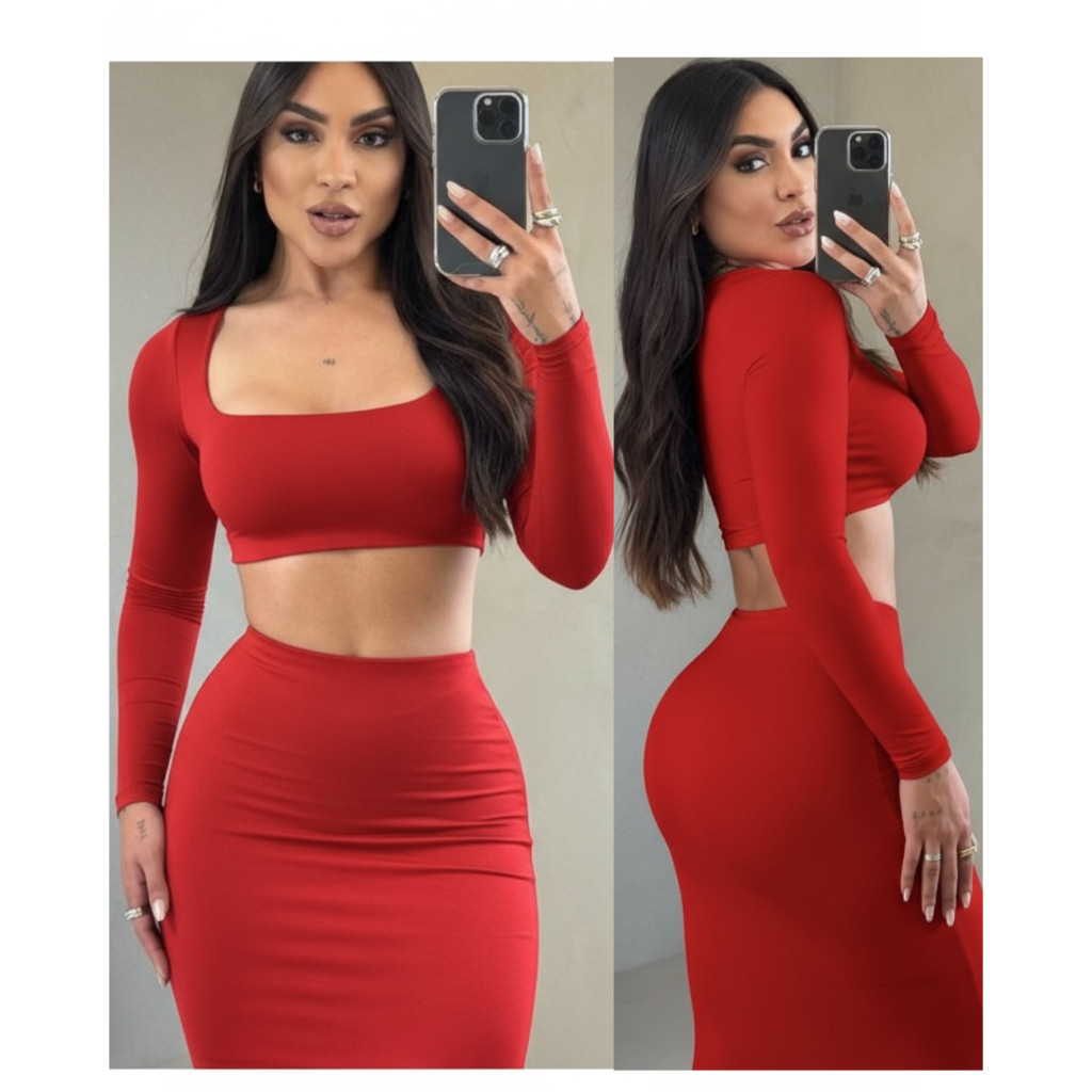 Conjunto Feminino Cropped Manga Longa e Saia Midi Tubinho Suplex Festa, Balada, Outono moda gringa Sexy, Elegante slim em Oferta na Shopee