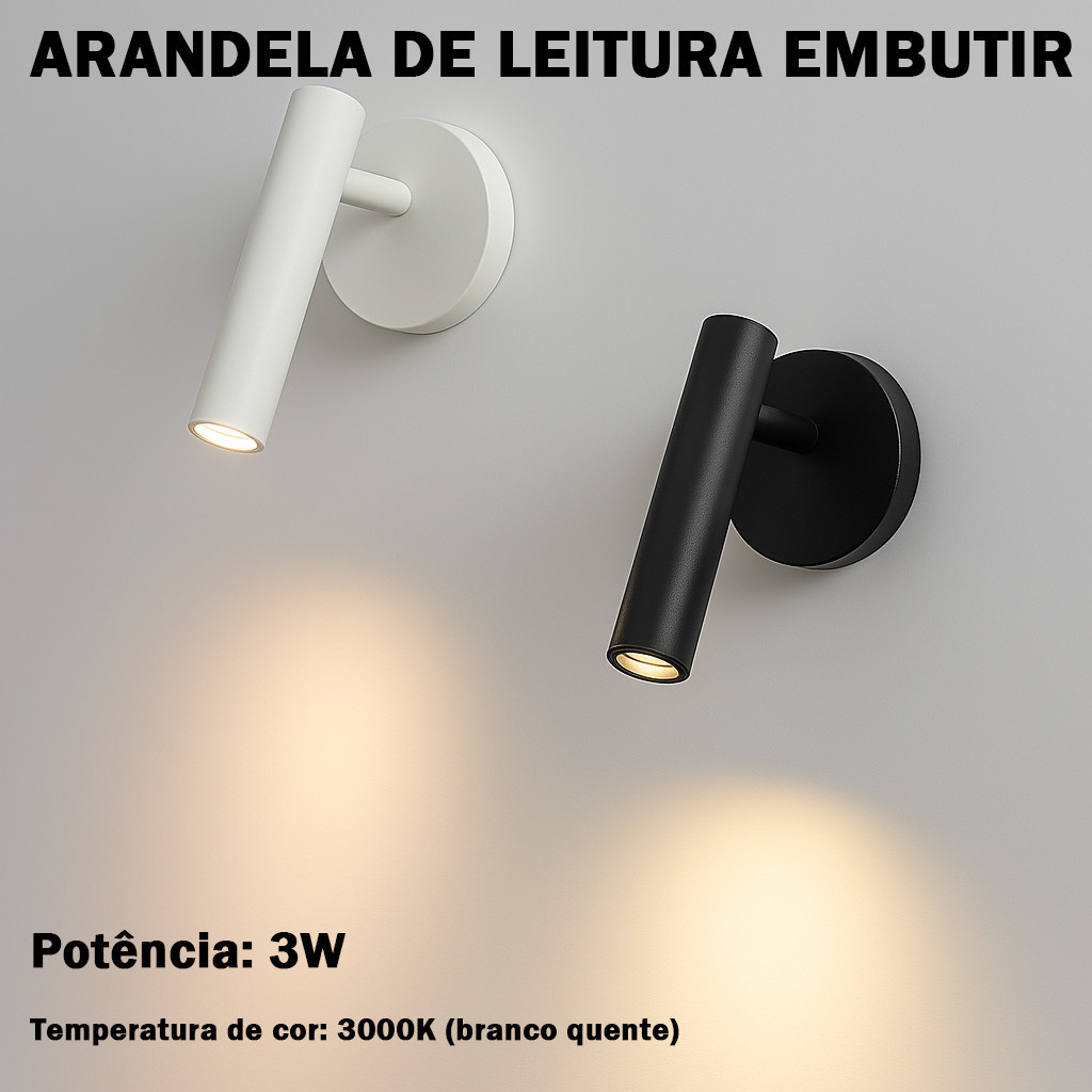 Arandela Leitura Embutir 2W LED 3000K Preta/Branca Bivolt IP20