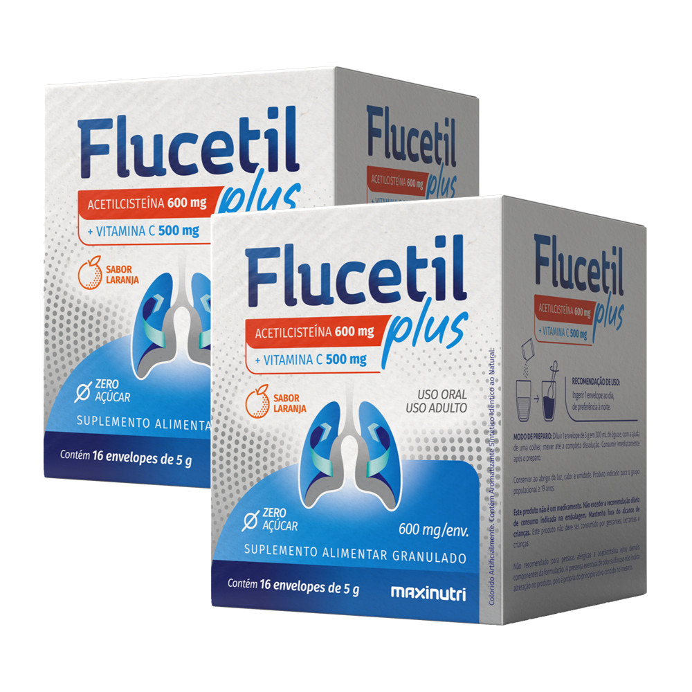 Kit 2 Flucetil Plus + Vit C 16x5g 500mg Sachê Granulado Maxinutri