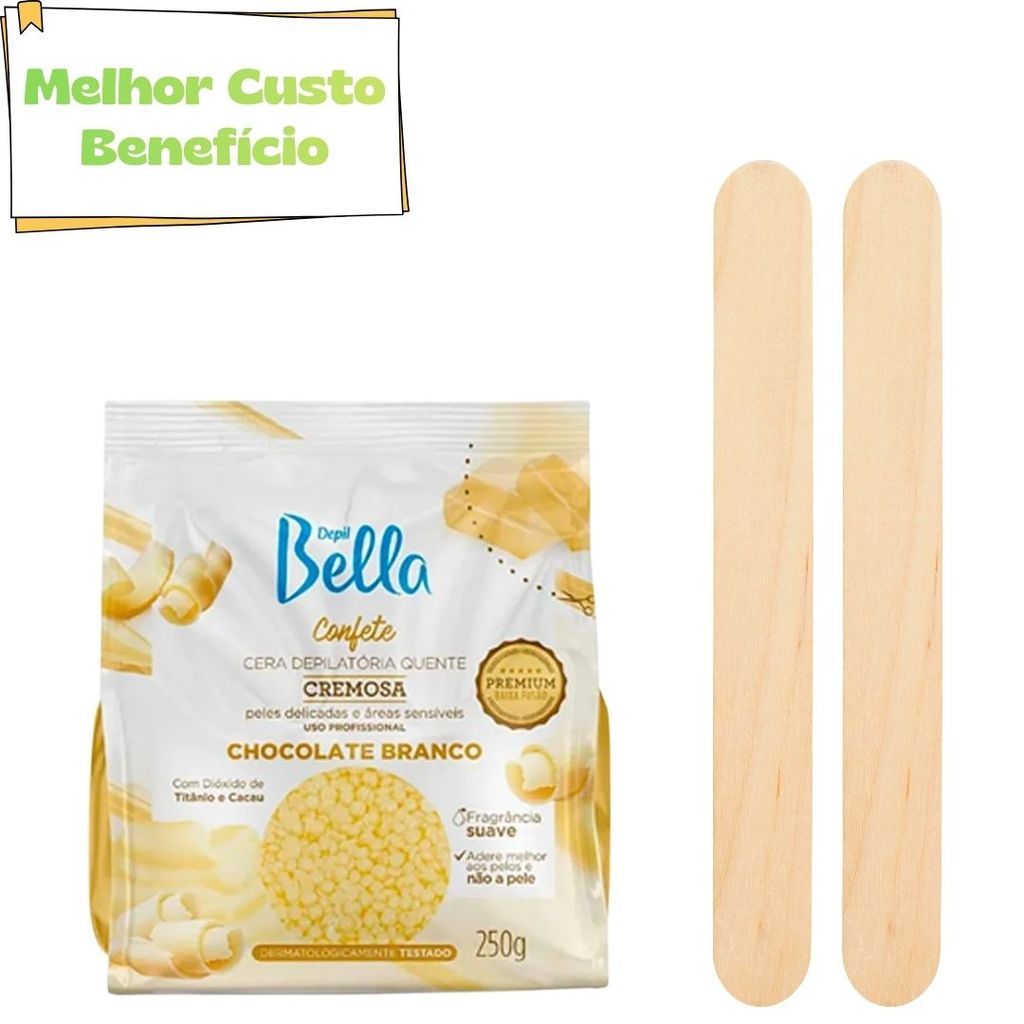 Kit Depilação Fácil em Casa — Cera Confete Chocolate Branco 250g + 2 Espátulas