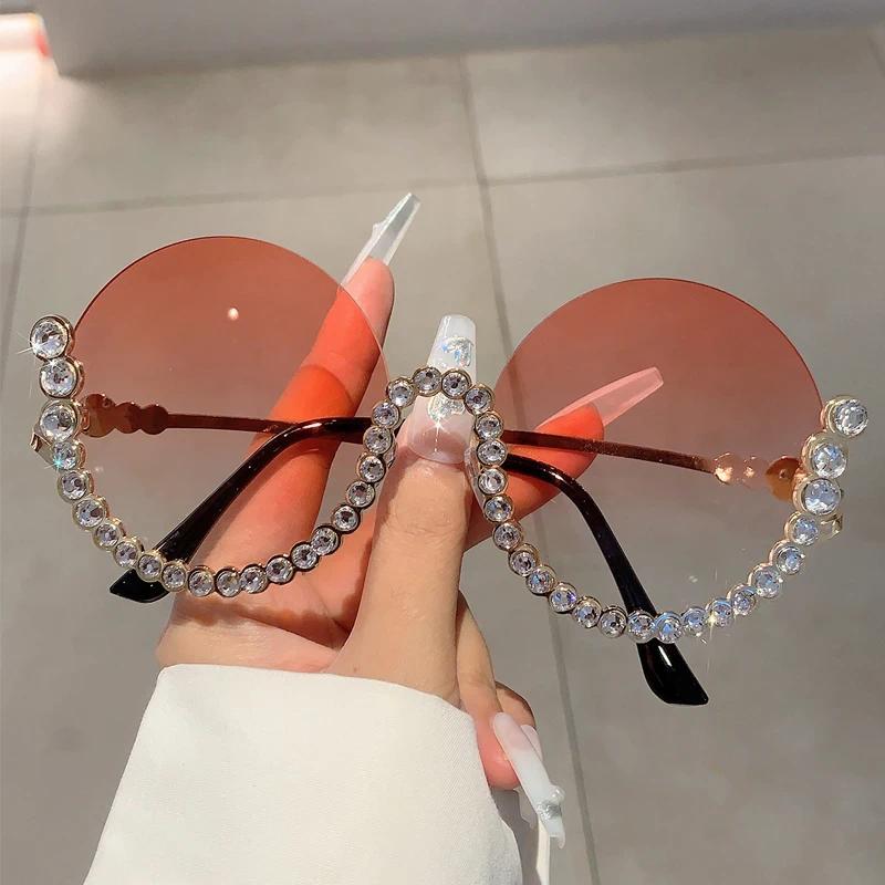 Óculos de sol redondos estilo Y2K, elegantes, vintage, sem armação, para mulher, com aplicações de strass, tendência da 