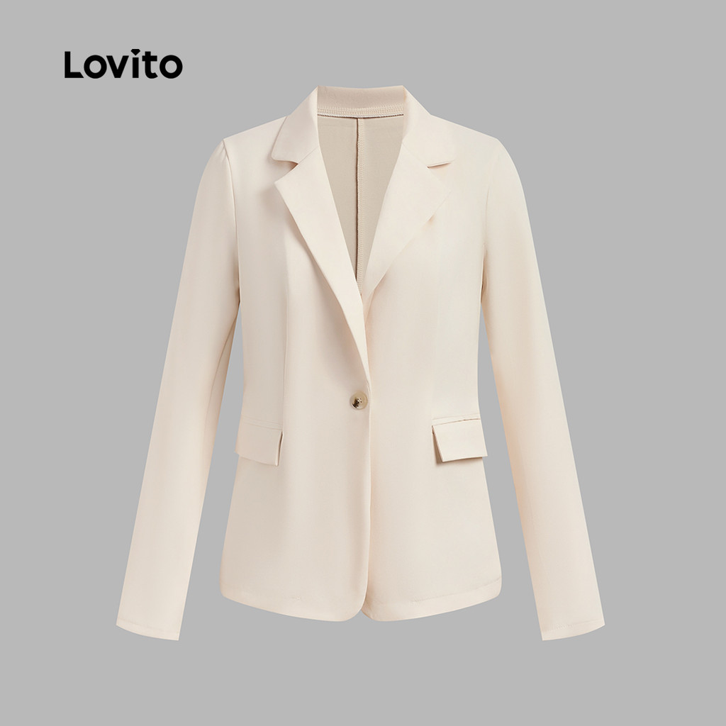 Lovito x Glenda Blazer Elegante E Simples Com Bolso Falso, Primavera/verão, Branco-sujo, Para Mulheres LNL103521 em Oferta na Shopee