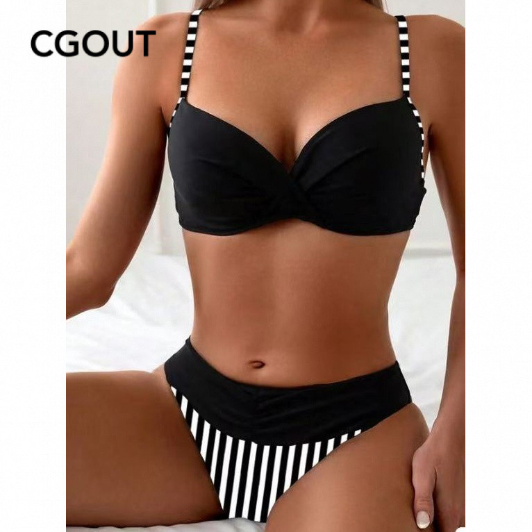 Biquíni feminino cintura alta listrado bolinhas estampado maiô feminino em Oferta na Shopee