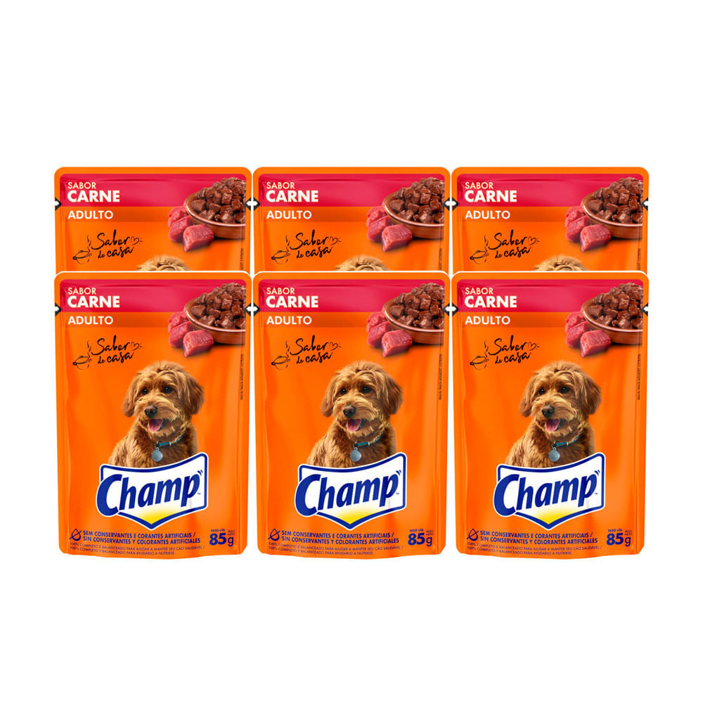 Kit 6 Ração Úmida Champ Adulto sabor Carne Sachê 85g em Oferta na Shopee