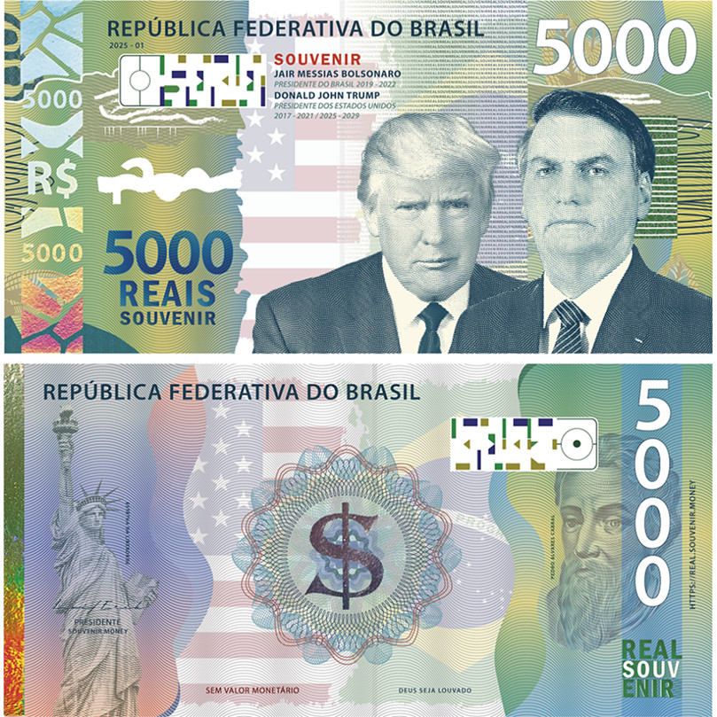 Cédula Real Souvenir Jair Bolsonaro e Donald Trump