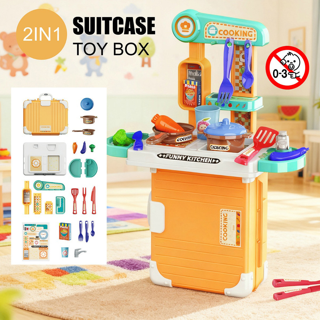 Cozinha Infantil 2 em 1 Maleta Portátil Kit Completo com Acessórios Brinquedo Educativo Menina Menino Panelinhas Cozinha