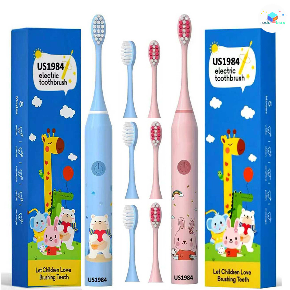 Escova de dentes elétrica sônica infantil 1 a 3 anos 100% impermeável cerdas macias seguras 4 cabeças em Oferta na Shopee