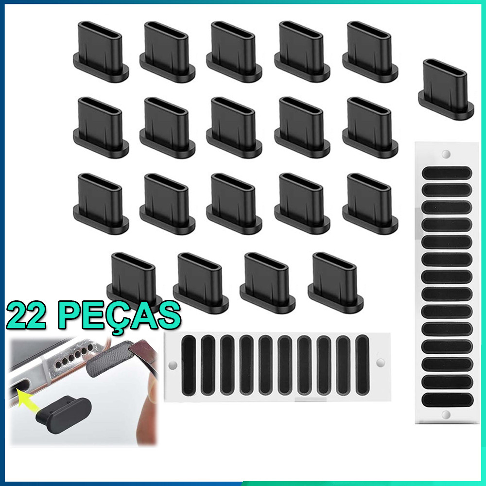 Kit 22peças Protetor de entrada Tipo C anti poeira Tampa proteção celular e notebook Preto em Oferta na Shopee