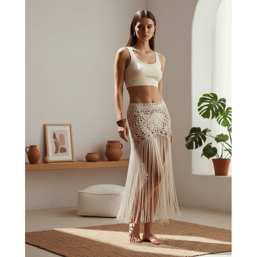 Saia Crochê Franjas Saida De Praia Festival De Música Novo em Oferta na Shopee