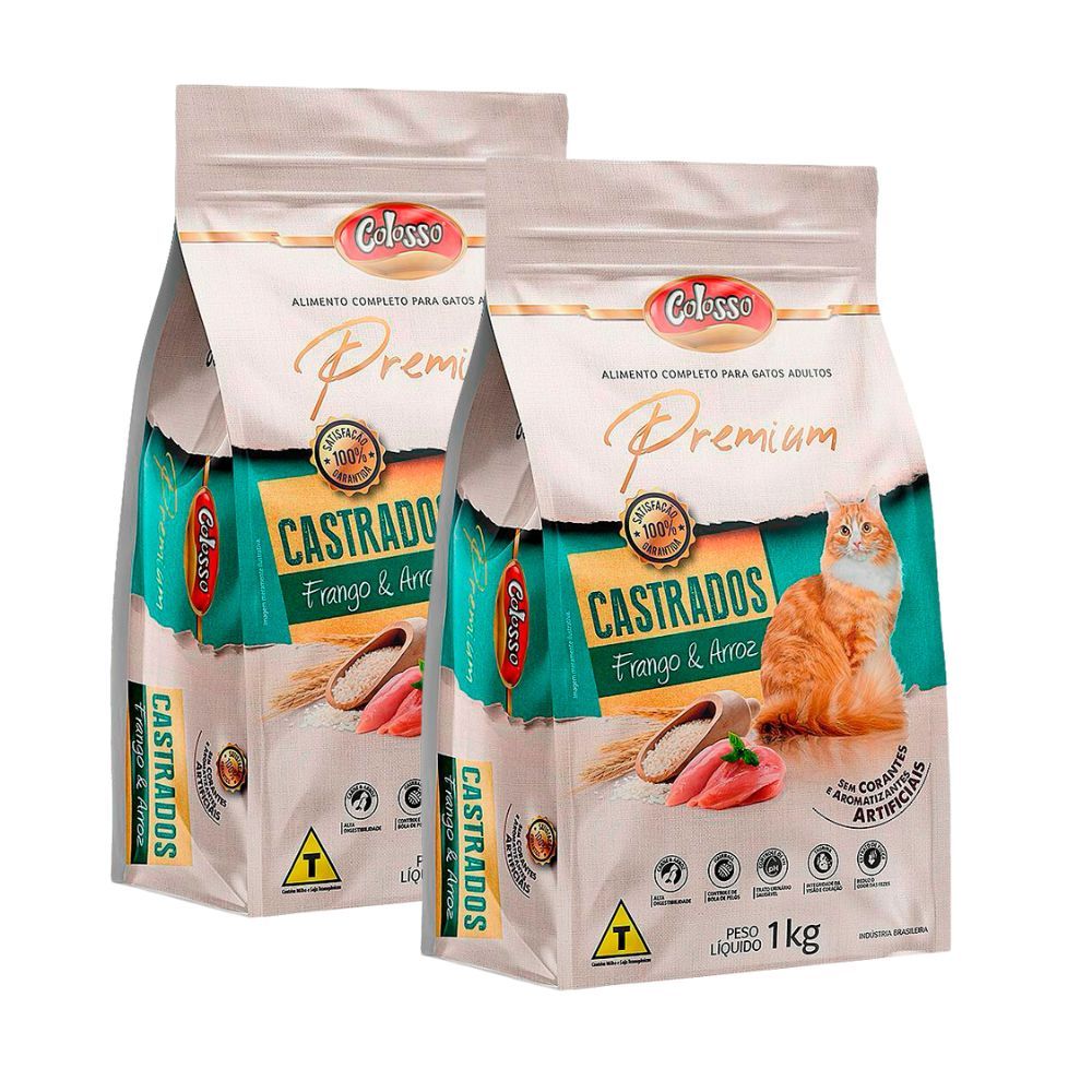 Kit 2 Ração para Gatos Colosso Premium Adultos Castrados Sabor Frango e Arroz 1kg em Oferta na Shopee