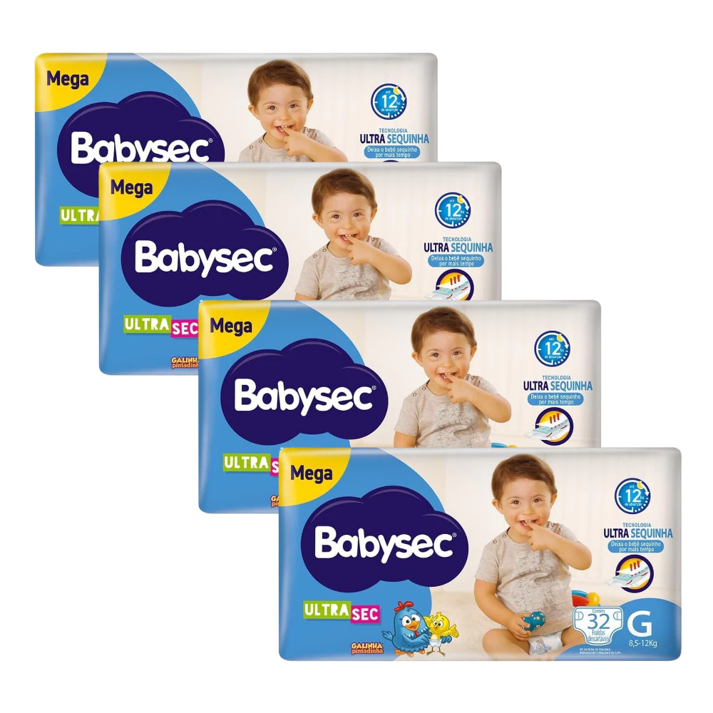 Kit 4x Fraldas BabySec Ultrasec Mega G Galinha Pintadinha – 32 Unidades